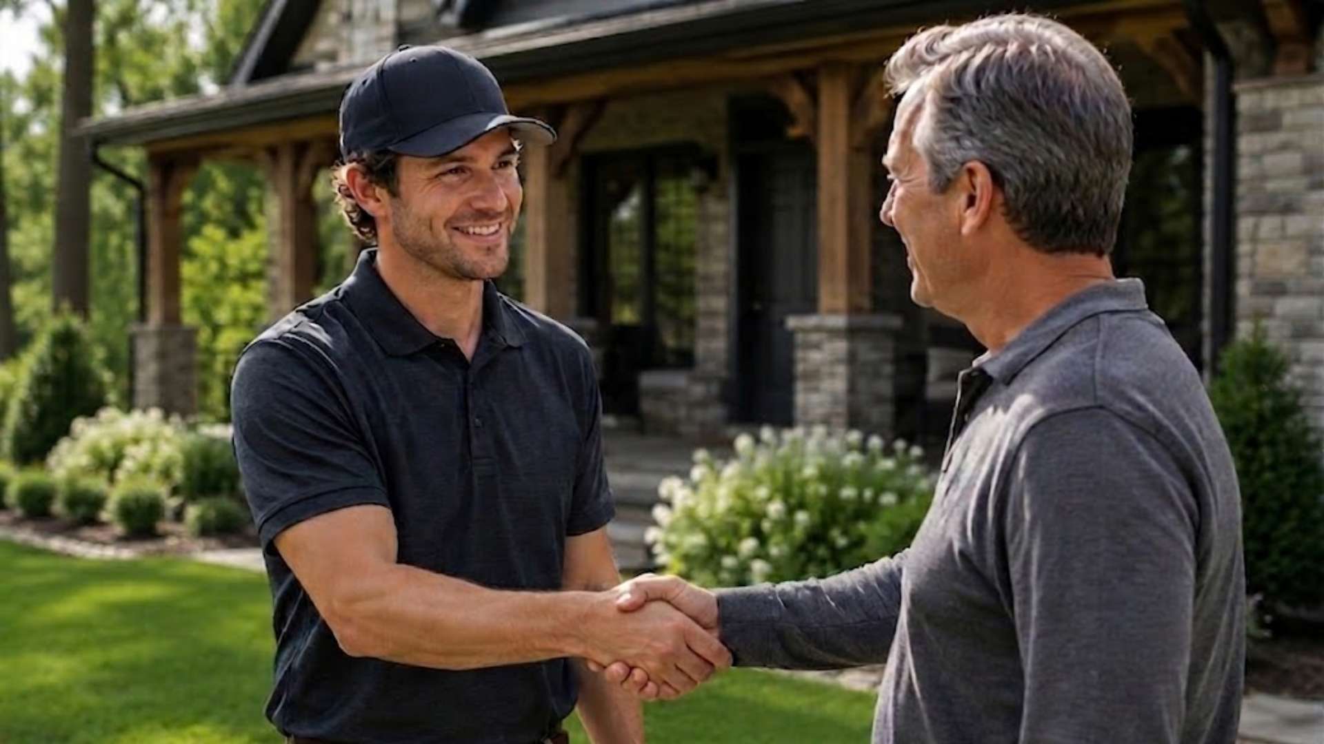 Seacoast Power Equipment representative shaking hands with a homeowner during a robotic mower consultation at a residential property.