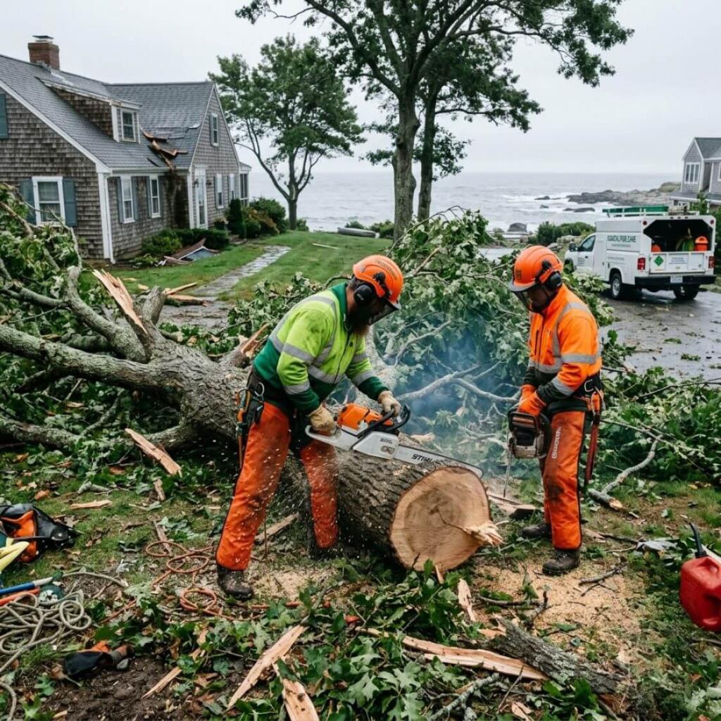 Professional arborist crew using chainsaws for storm debris cleanup on New Hampshire coastal property after hurricane