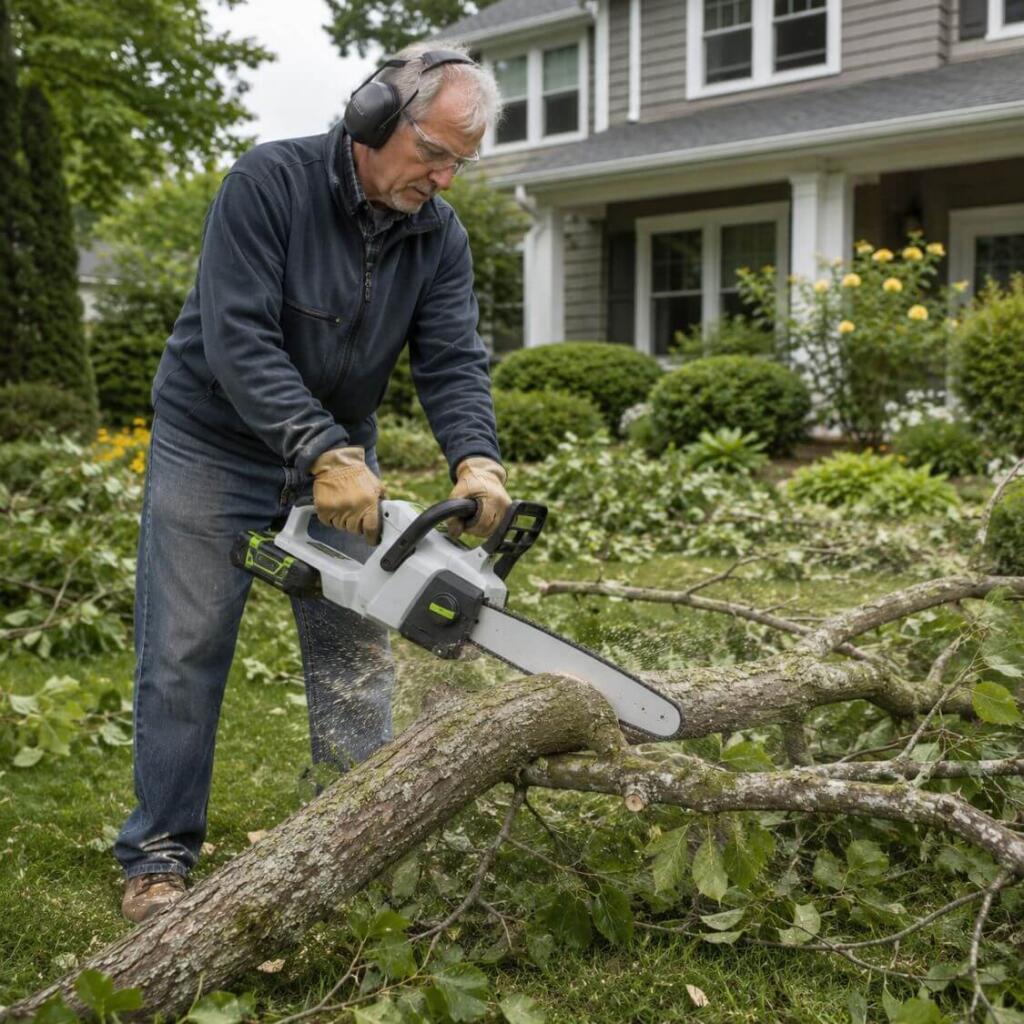 Person using a battery chainsaw on a residential New Hampshire property trimming a fallen limb quietly