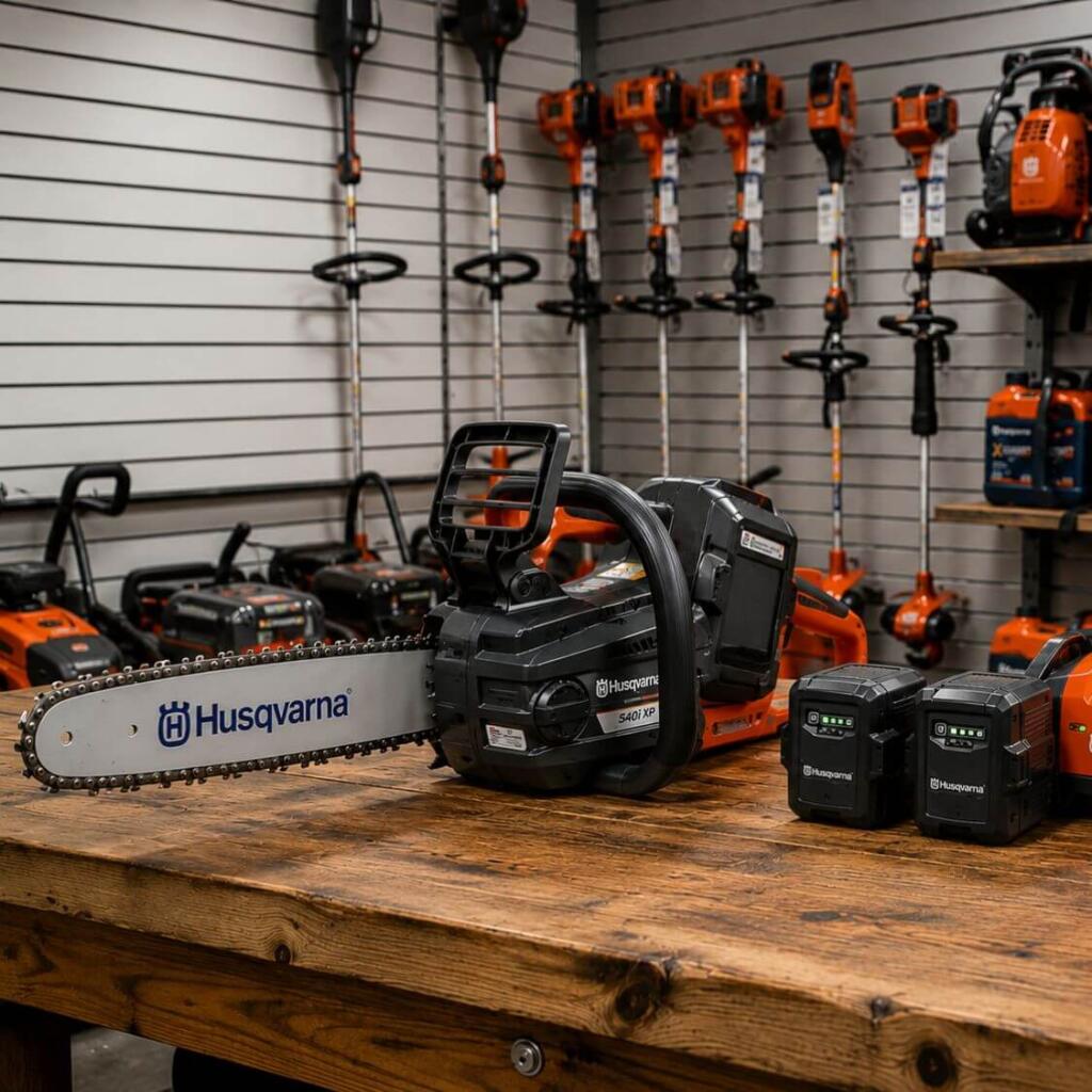 Husqvarna AP battery system tools including chainsaw trimmer and blower sharing batteries