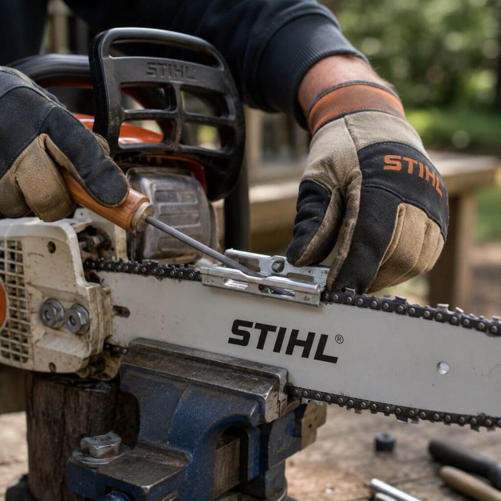 Using a round file and file guide to sharpen a chainsaw chain with chain brake engaged on a New Hampshire property
