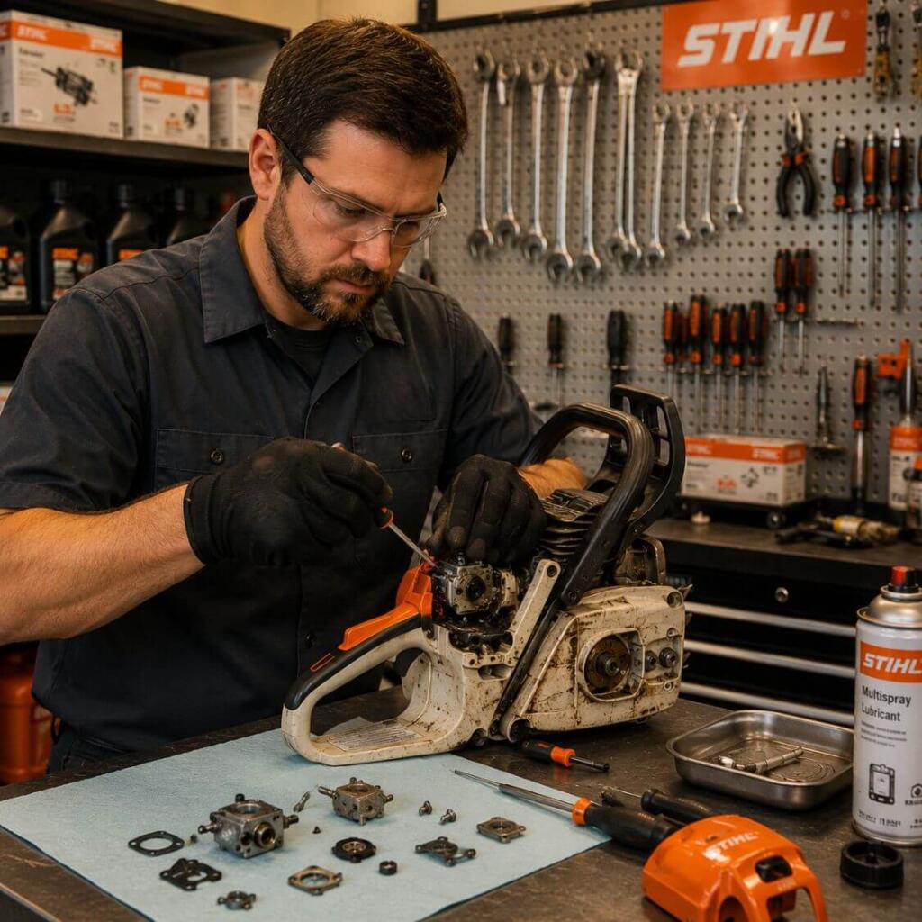 Factory-trained technician at Seacoast Power Equipment service department cleaning chainsaw carburetor in North Hampton NH