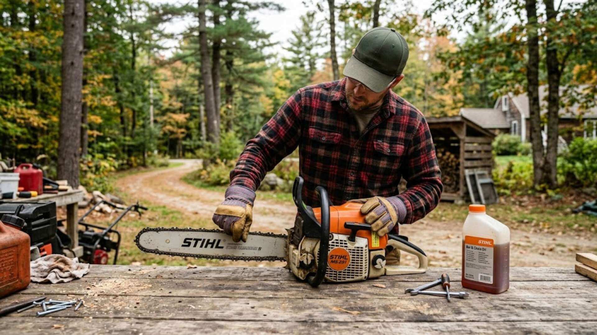 New Hampshire homeowner checking chainsaw chain tension and bar oil level before use in North Hampton NH