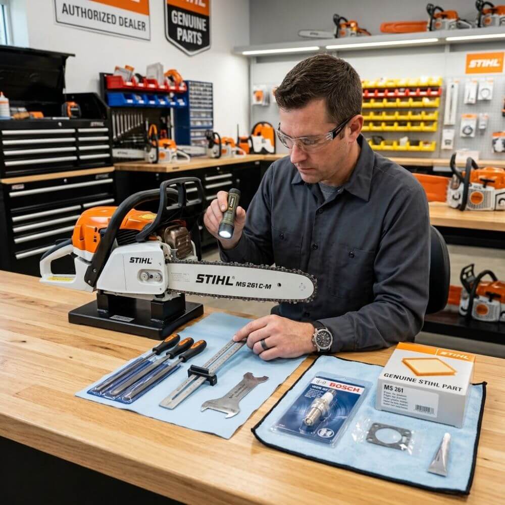 Factory-trained technician servicing chainsaw chain and carburetor