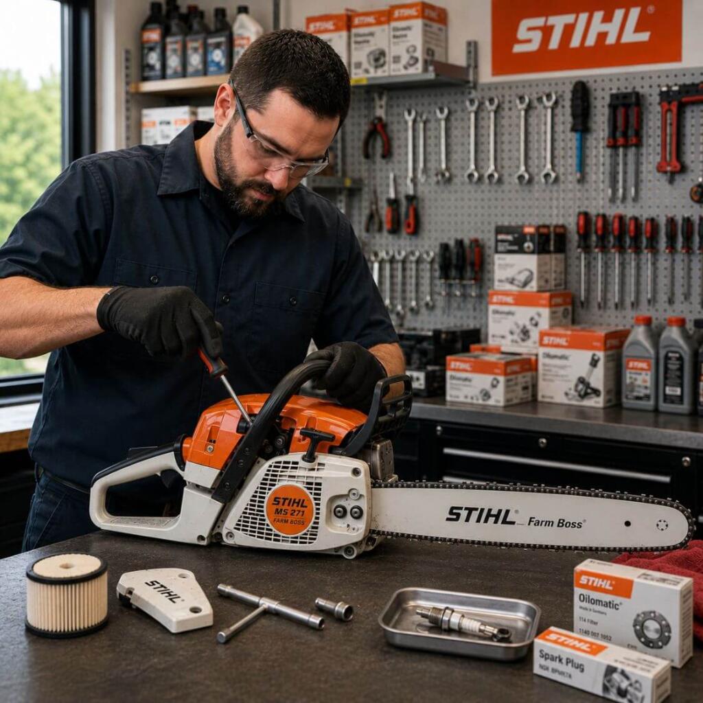 Factory-trained technician performing authorized warranty service on a chainsaw at Seacoast Power Equipment North Hampton NH