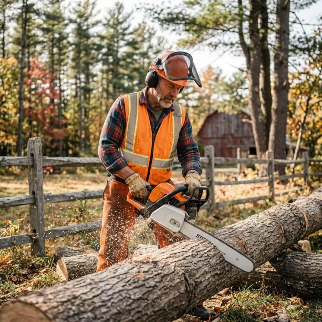 Echo CS-590 Timber Wolf chainsaw being used on a New Hampshire farm property cutting firewood