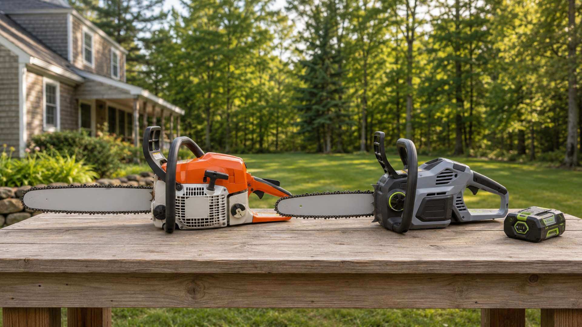 Gas chainsaw and battery chainsaw side-by-side comparison