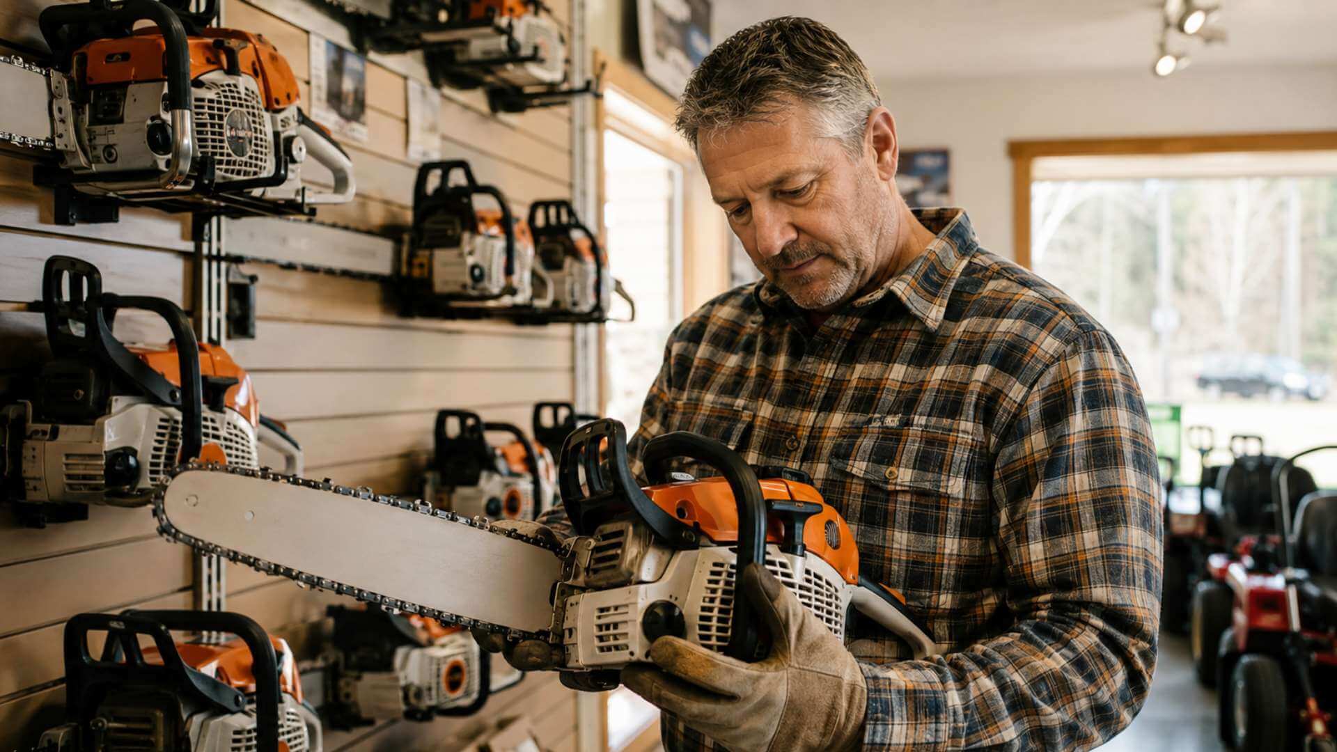 New Hampshire homeowner reviewing chainsaw options at Seacoast Power Equipment dealer in North Hampton NH