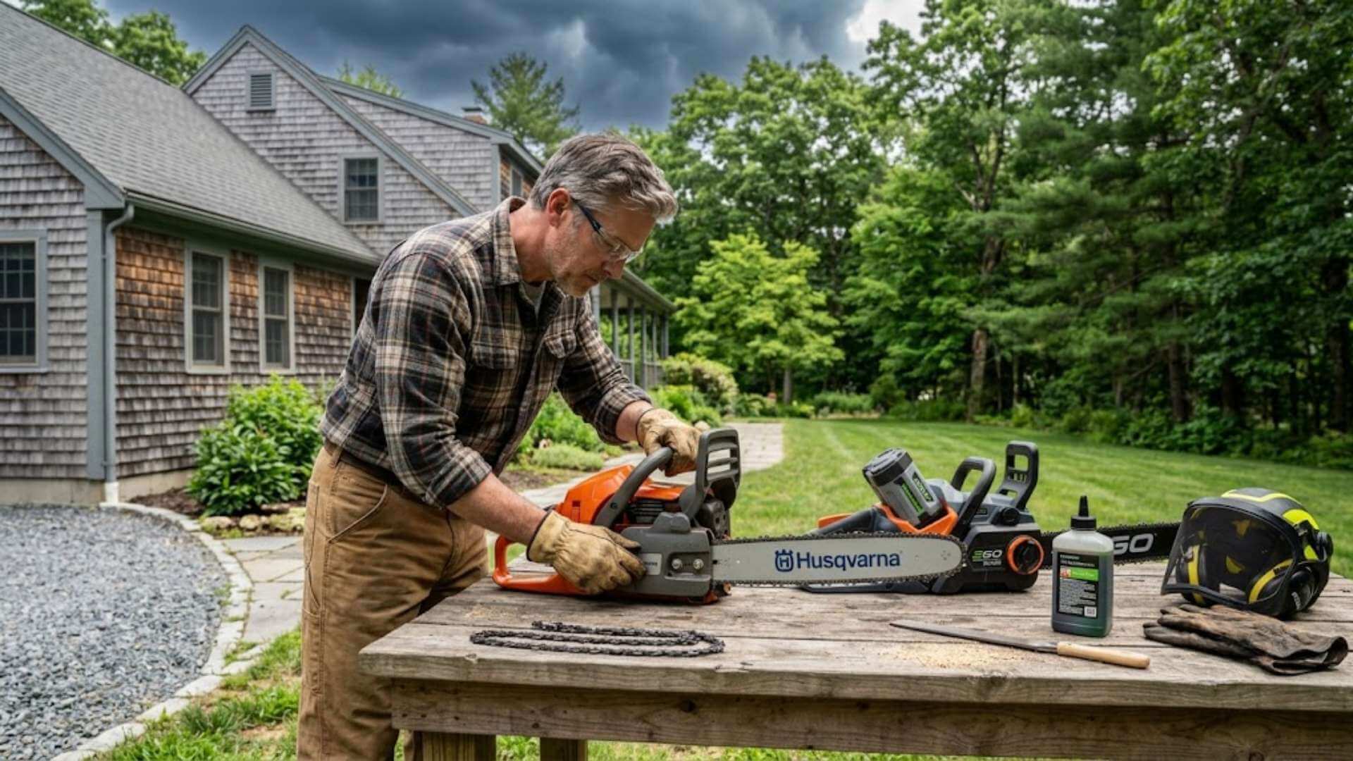 New Hampshire seacoast homeowner preparing chainsaw and safety gear for hurricane storm season in North Hampton NH
