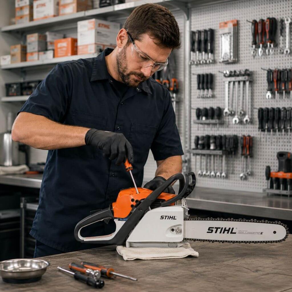 Factory-trained technician at Seacoast Power Equipment servicing a Stihl chainsaw in North Hampton New Hampshire
