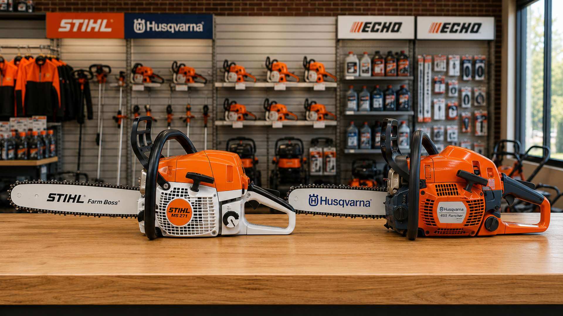 Stihl and Echo chainsaws side by side at Seacoast Power Equipment authorized dealer in North Hampton New Hampshire