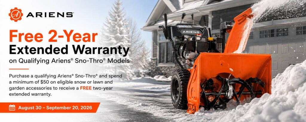 Ariens Sno-Thro promotion banner offering a free 2-year extended warranty on qualifying models, August 30–September 20, 2026.