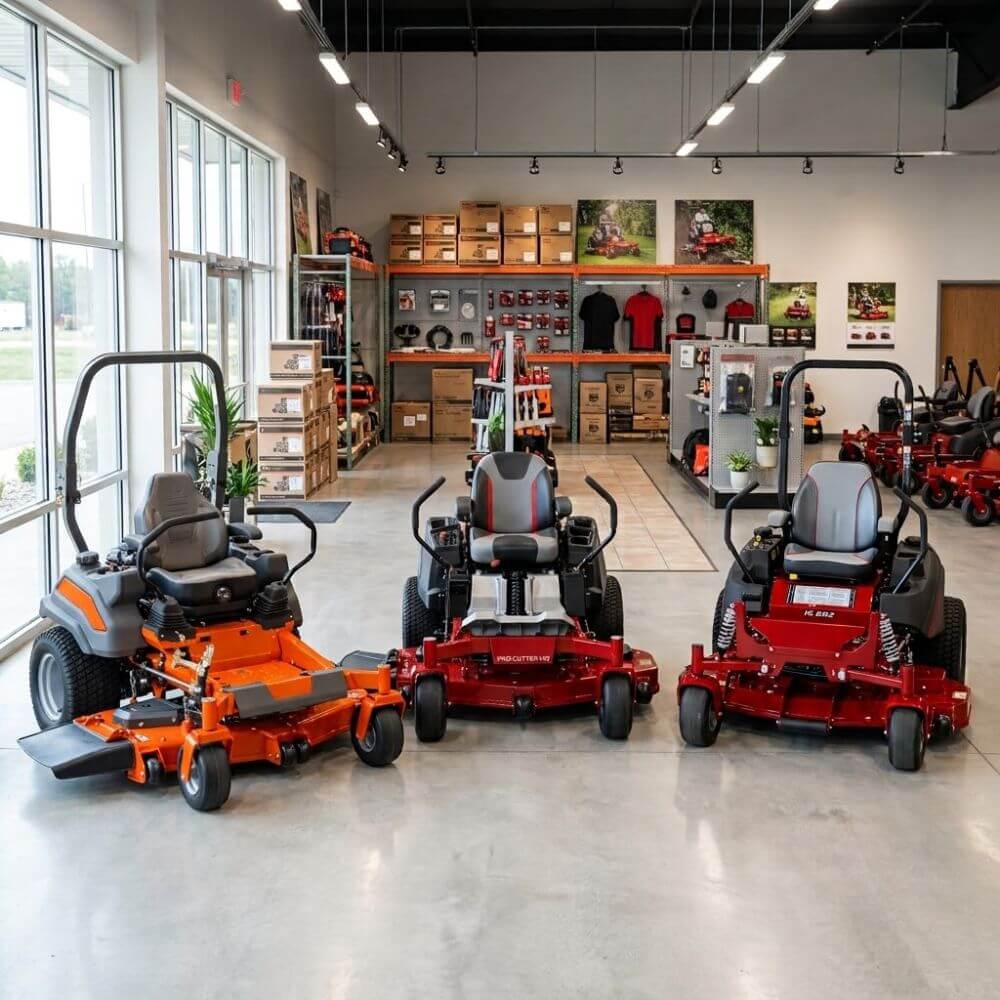 Three commercial zero-turn mowers from Ferris Toro and Husqvarna lined up at Seacoast Power Equipment dealer in North Hampton New Hampshire
