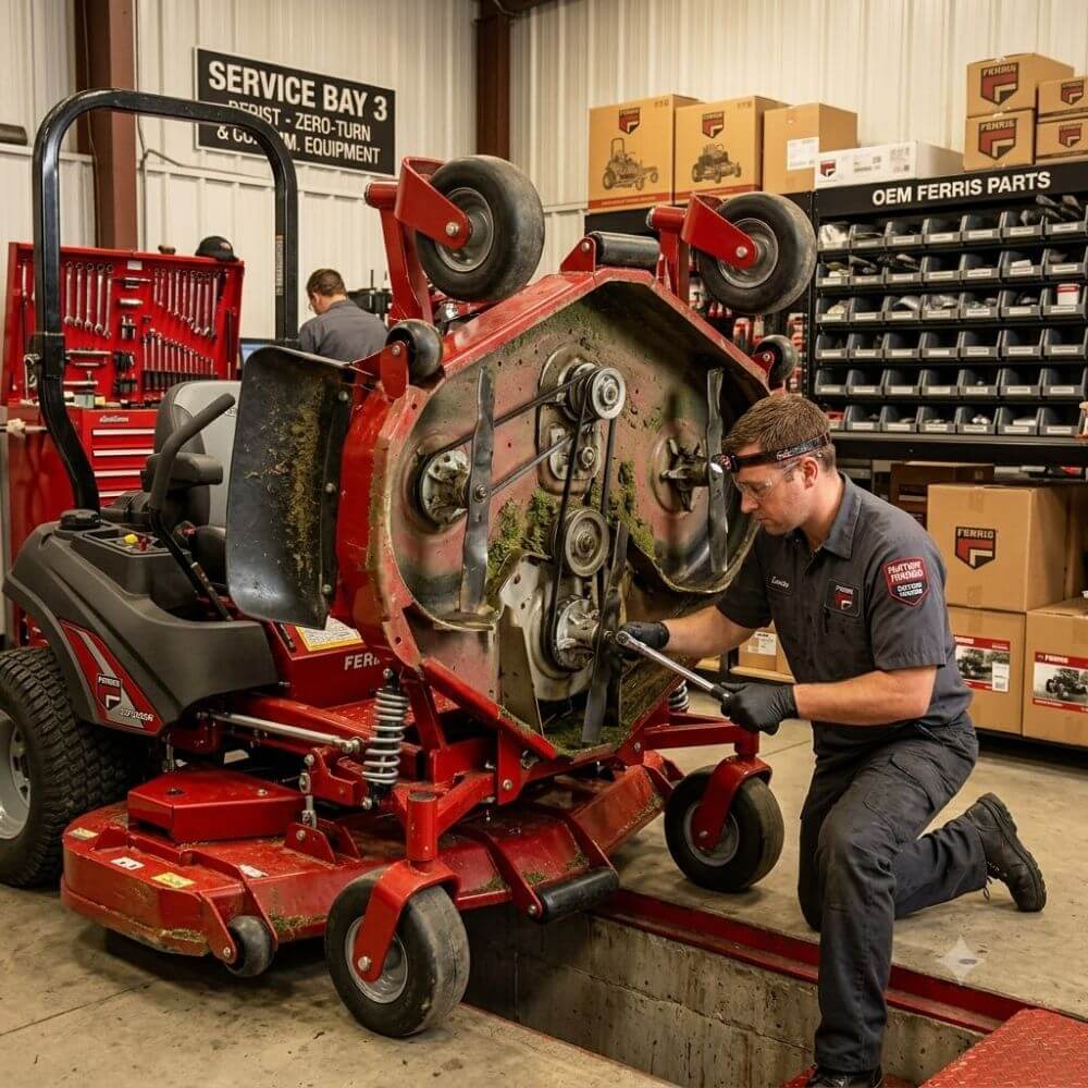 Factory-trained Seacoast Power Equipment technician servicing a commercial zero-turn mower for an NH landscaping fleet in North Hampton