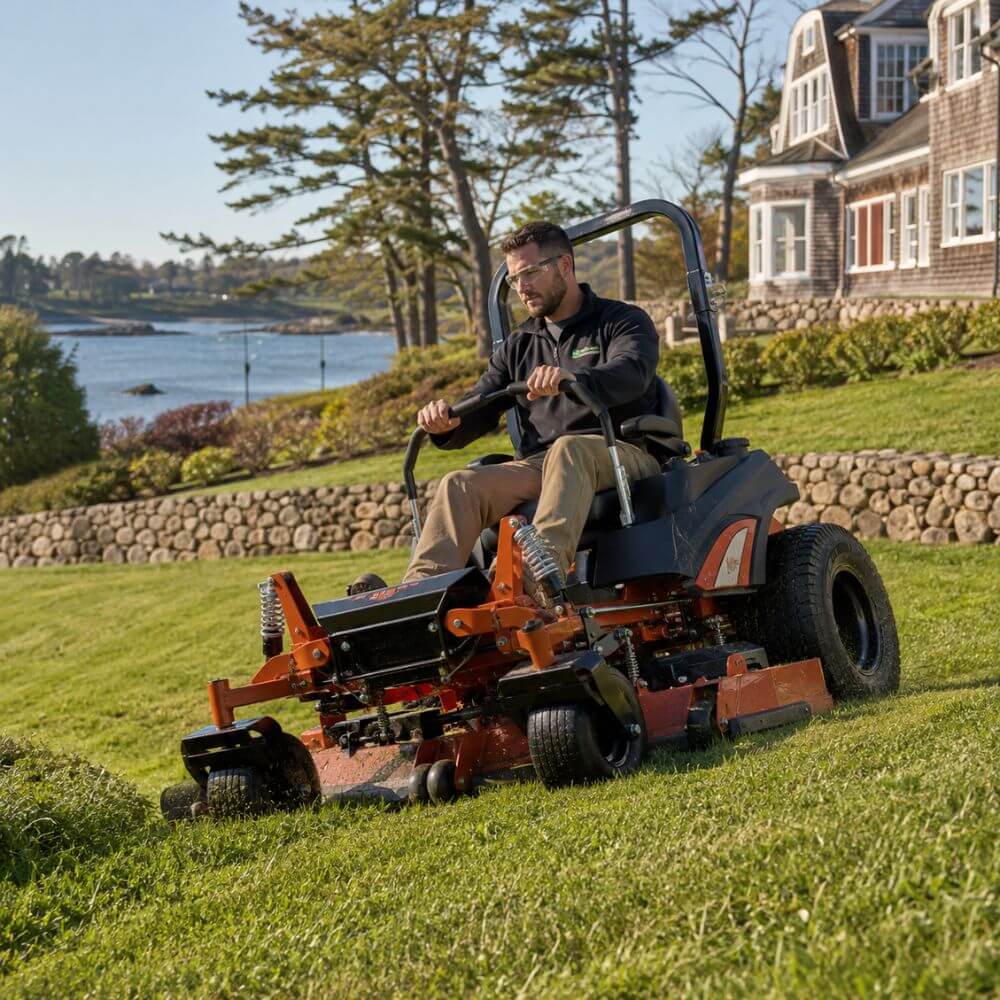 Commercial landscaper operating Ferris IS series zero-turn mower with suspension system on uneven coastal New Hampshire property
Image prompt: