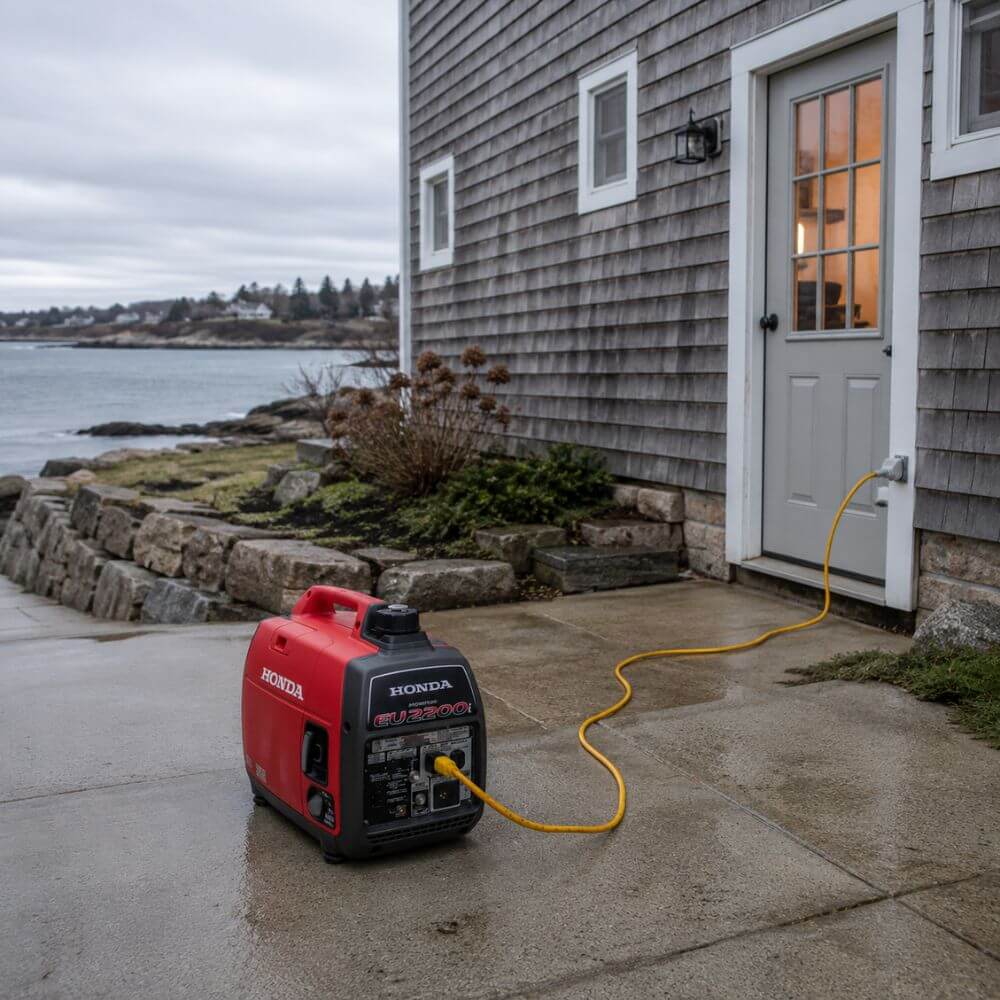 Honda EU2200i inverter generator running outdoors at a New Hampshire coastal home providing backup power during a storm outage 