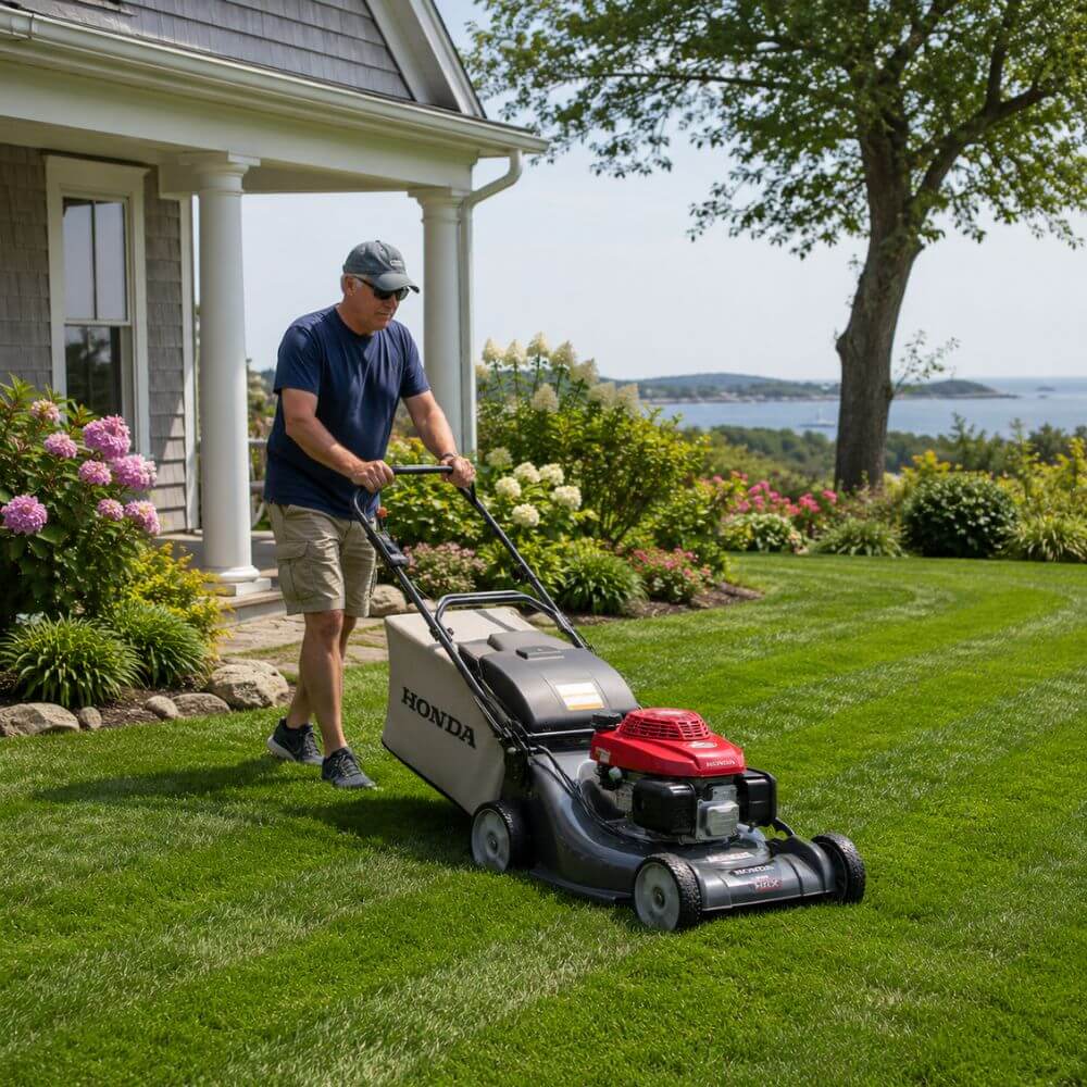 Homeowner using Honda HRX self-propelled mower on a well-maintained New Hampshire seacoast residential lawn in summer 