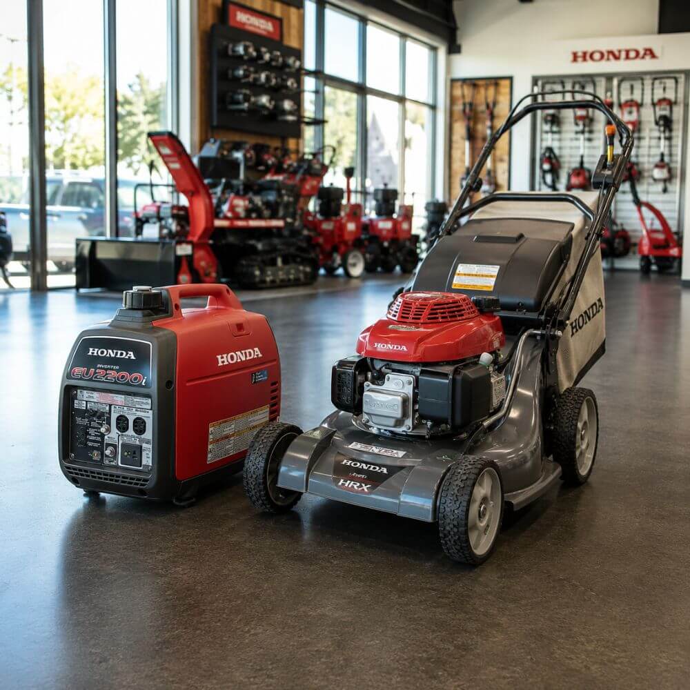 Honda EU2200i inverter generator and Honda HRX mower displayed at Seacoast Power Equipment authorized Honda dealer in North Hampton New Hampshire