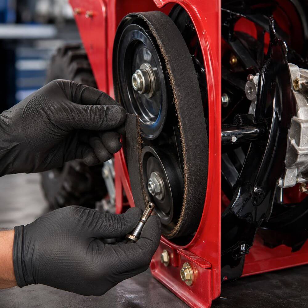Close-up inspection of two-stage snow blower auger belt and shear pins during pre-season service in New Hampshire 