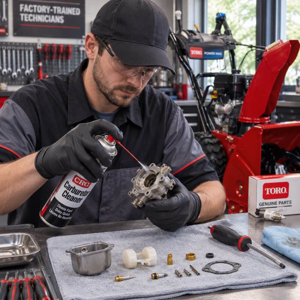 Technician cleaning snow blower carburetor components at Seacoast Power Equipment service department North Hampton NH 