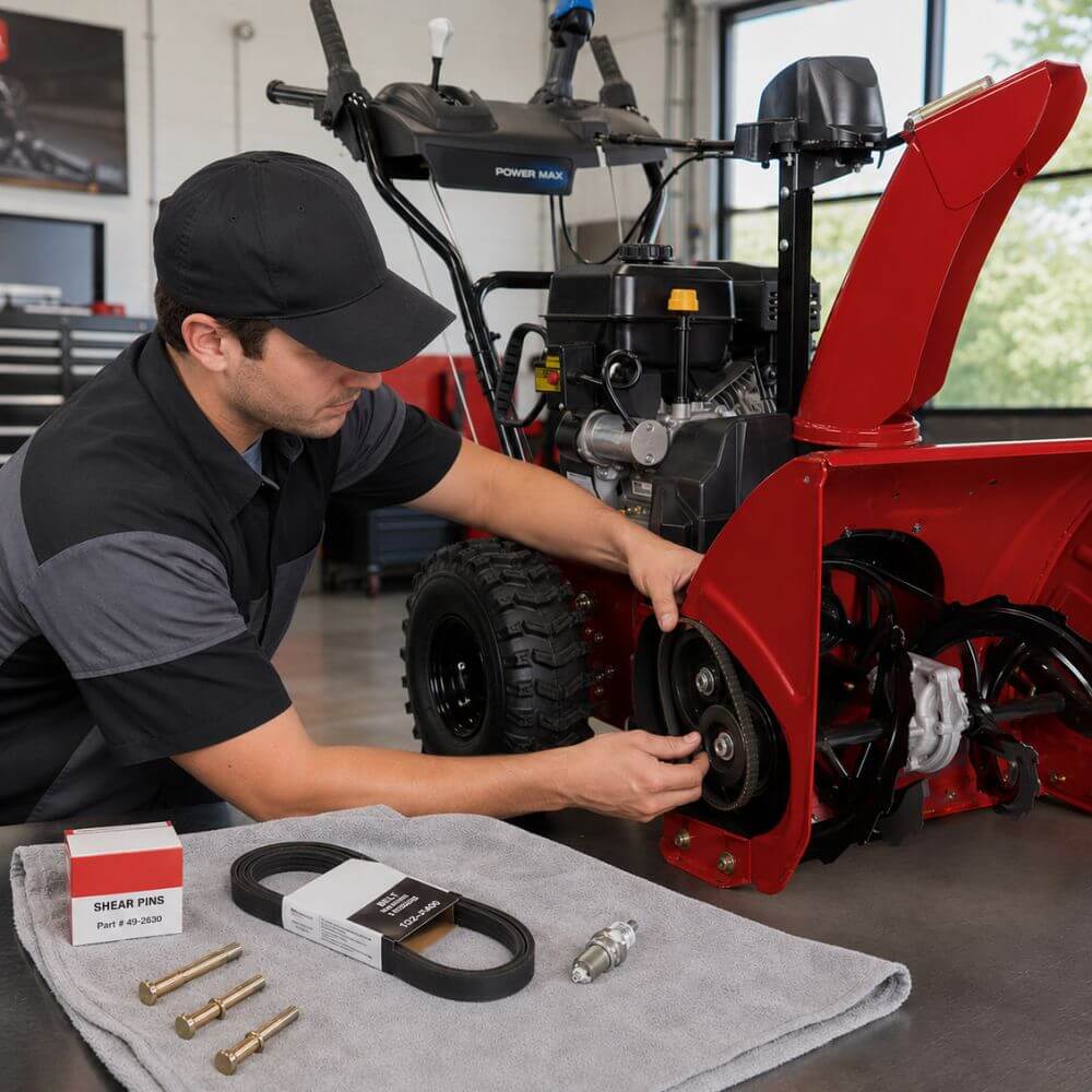 Factory-trained technician performing pre-season snow blower service at Seacoast Power Equipment in North Hampton New Hampshire in August