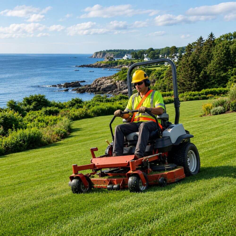 Landscaper operating zero-turn mower safely on a sloped coastal New Hampshire property with ROPS rollbar raised