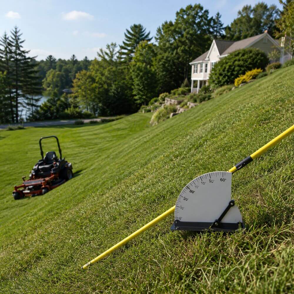 Visual demonstration of 15-degree slope angle limit for safe zero-turn mower operation on New Hampshire property