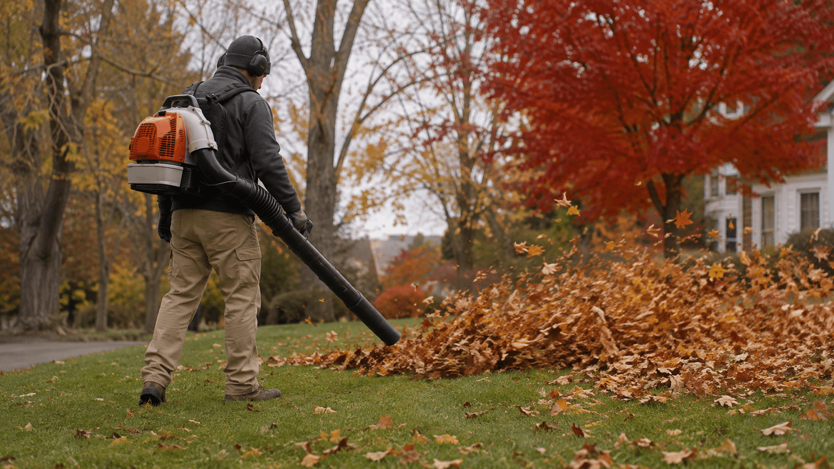 backpack leaf blower clearing fall leaves on New Hampshire lawn