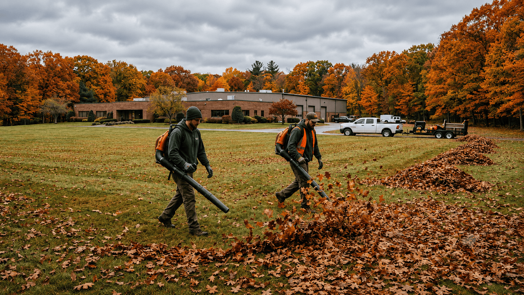 commercial landscape crew backpack blowers fall cleanup fleet New Hampshire