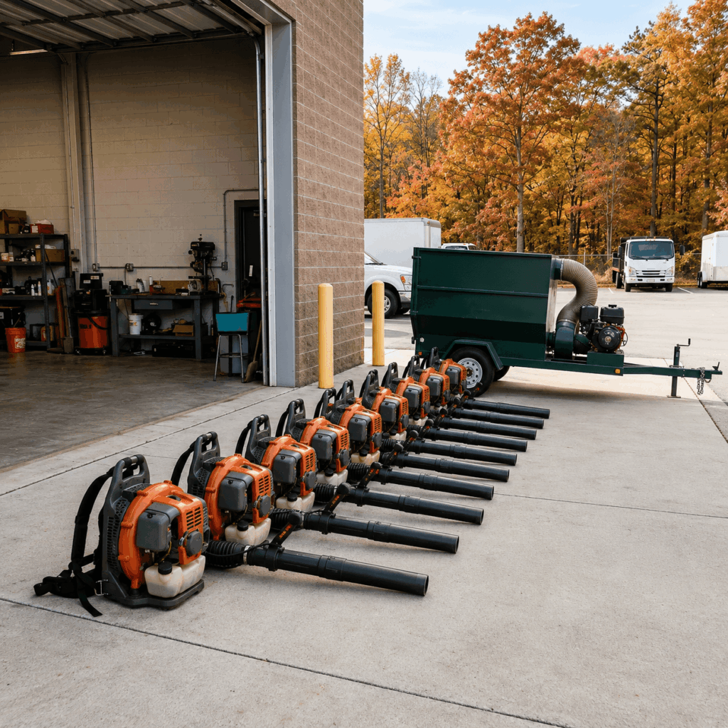 commercial fleet leaf equipment lined up for service New Hampshire