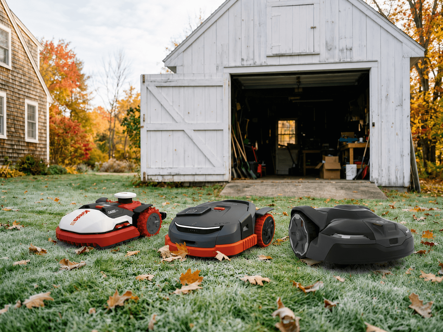 Husqvarna, Kress, and Segway Navimow robotic mowers ready for winter storage in New Hampshire