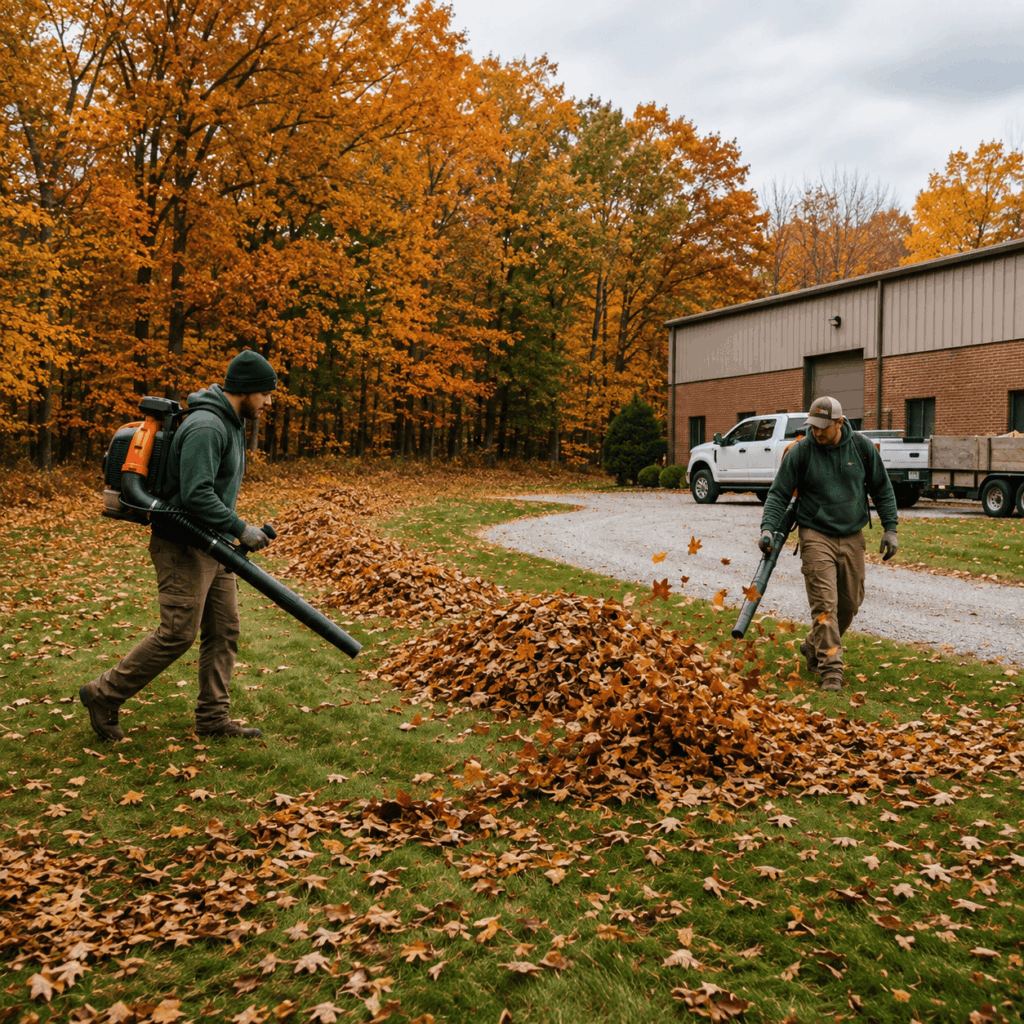 commercial landscape crew backpack blowers fall cleanup NH