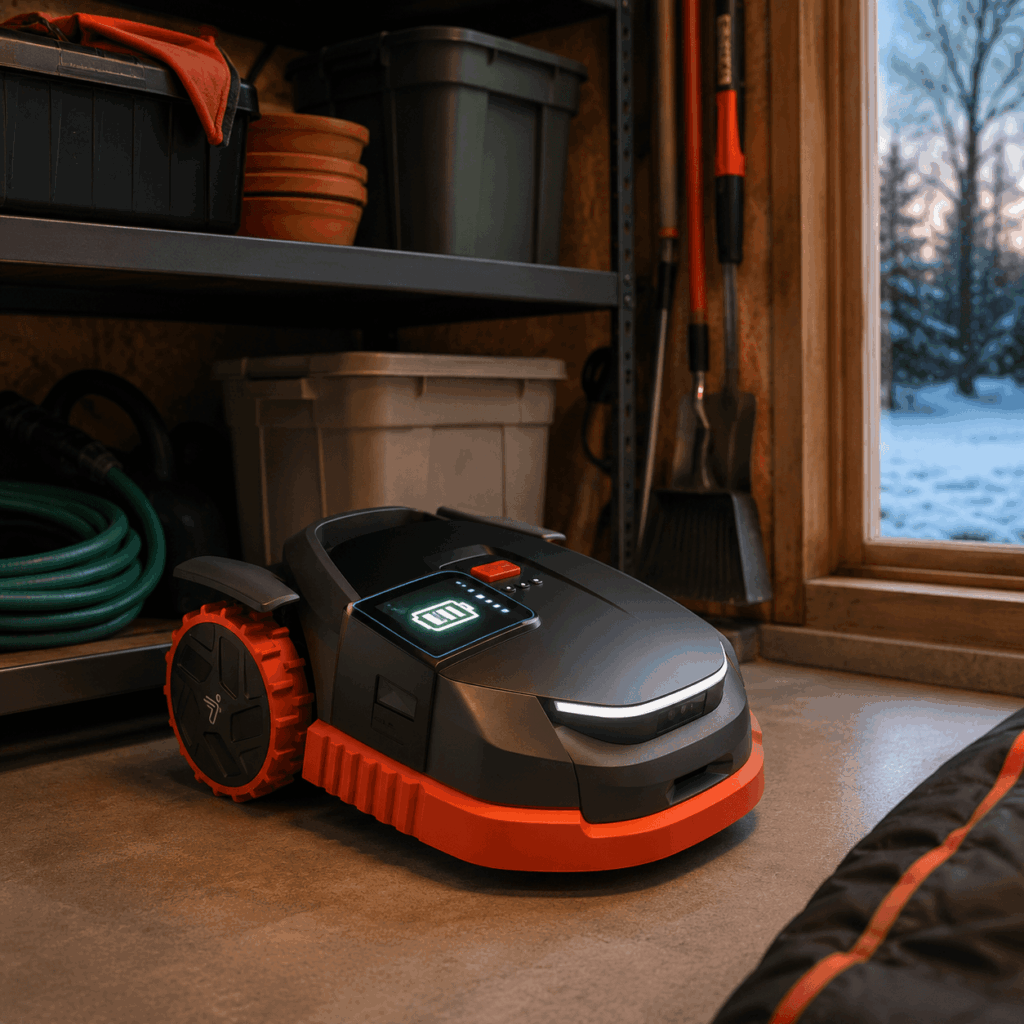 robotic lawn mower stored indoors for winter