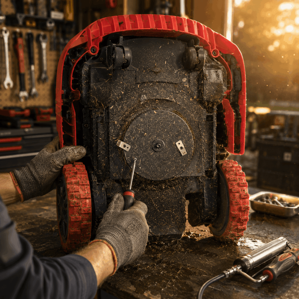 checking AWD drivetrain components on robotic mower before winter