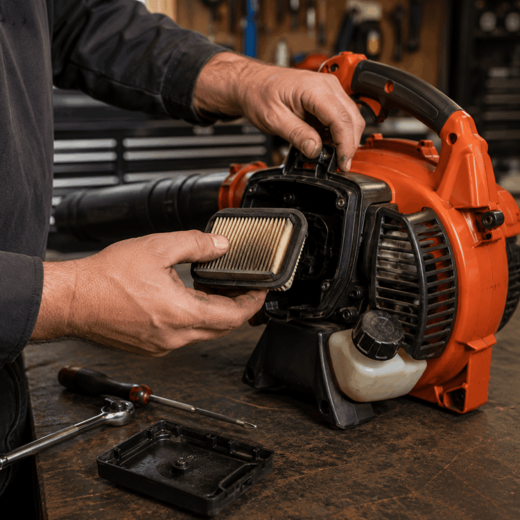technician servicing leaf blower air filter New Hampshire
