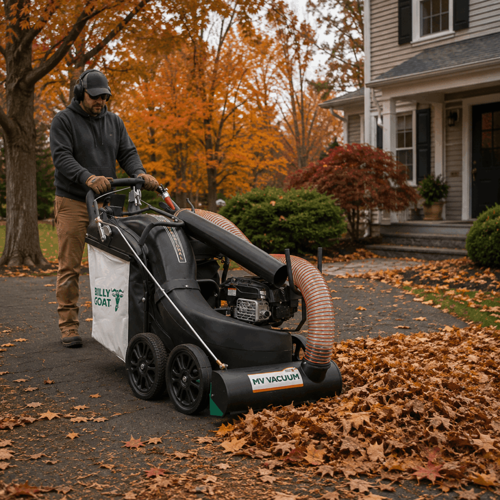 walk-behind leaf vacuum collecting leaves NH yard